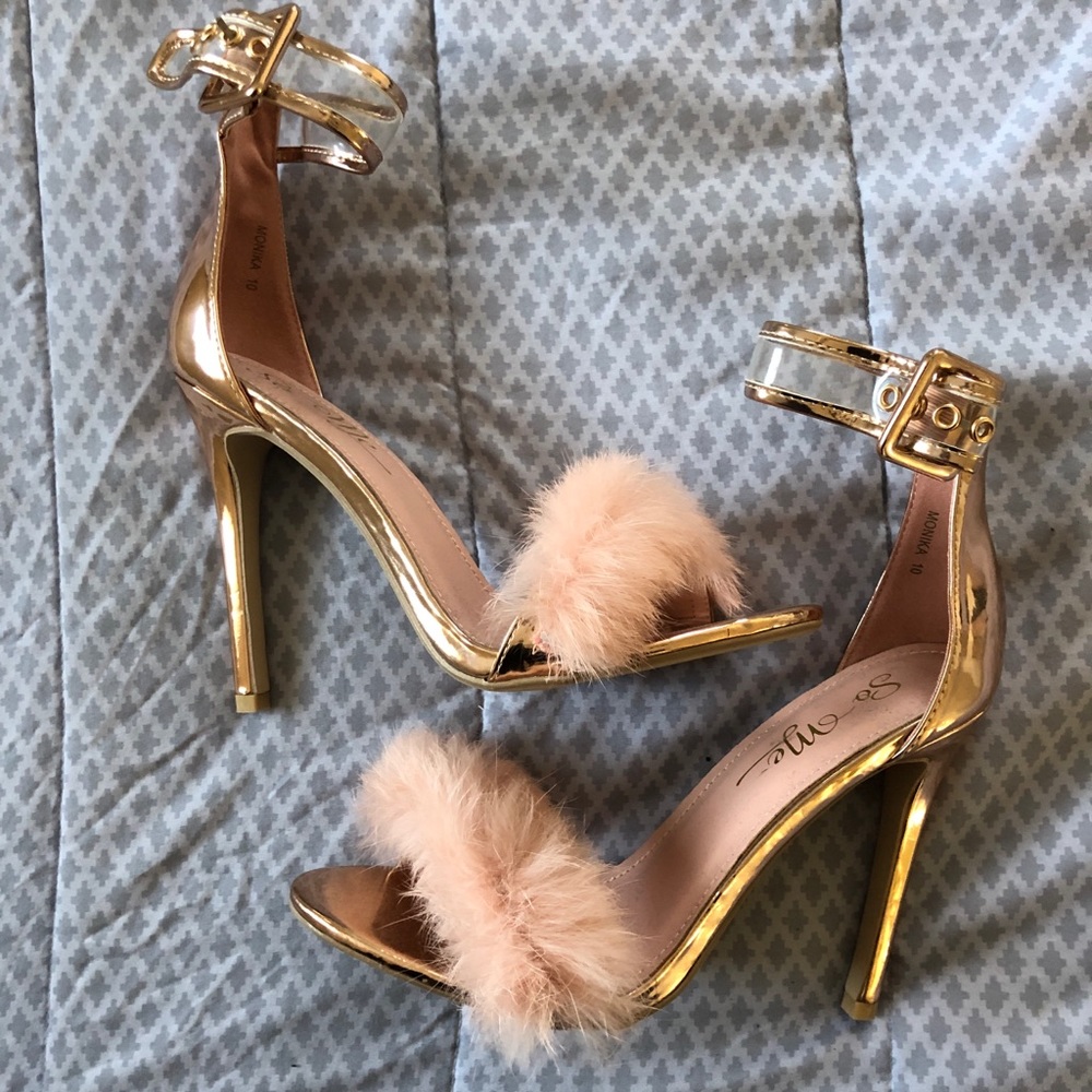 Rose gold and pink fur two strap heels